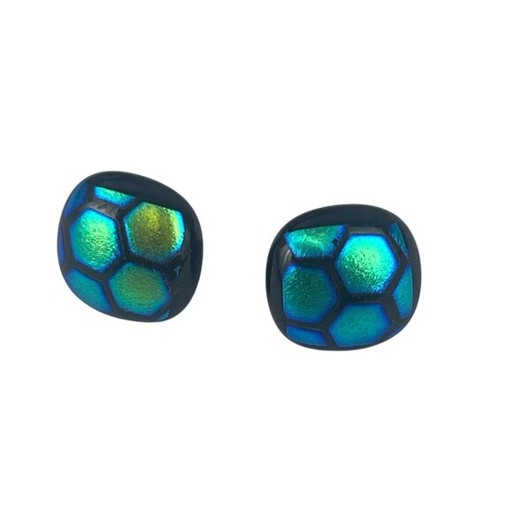 Blue & Green Iridescent Glass Stud Earrings With Honeycomb Design - Picture 3 of 6